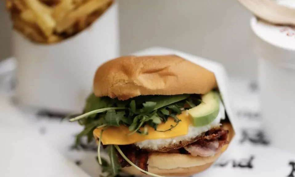 Burger et frites sur plateau.