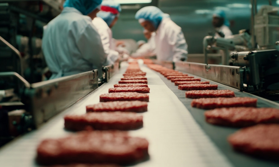 Production de viande hachée en usine.