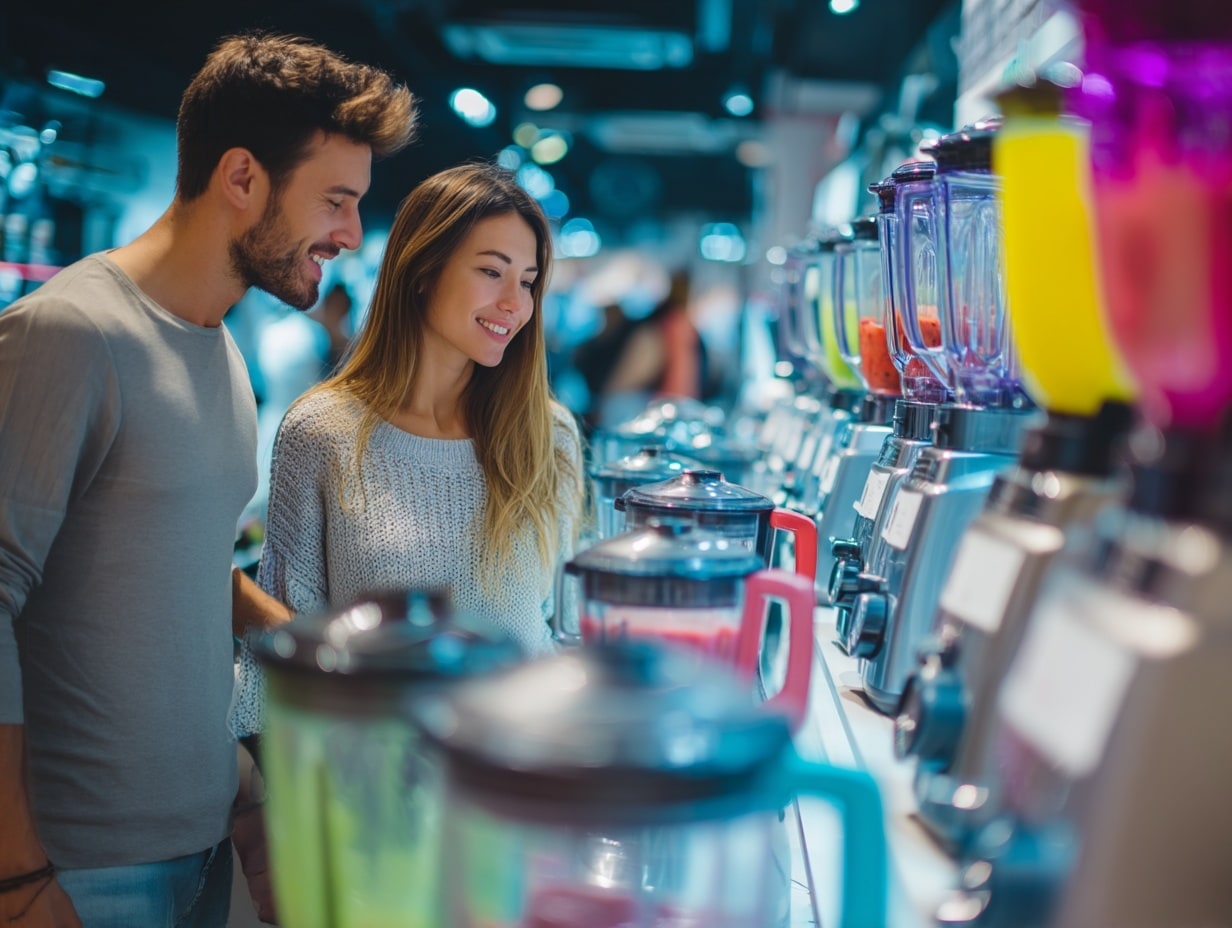 Couple regardant des blenders colorés en magasin.