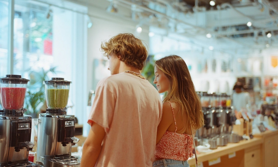 Couple choisissant des jus dans un magasin lumineux.