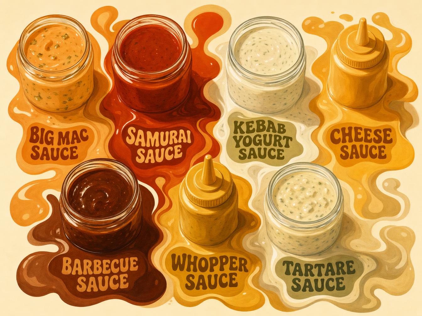 Illustration de pots de sauces variées étiquetées