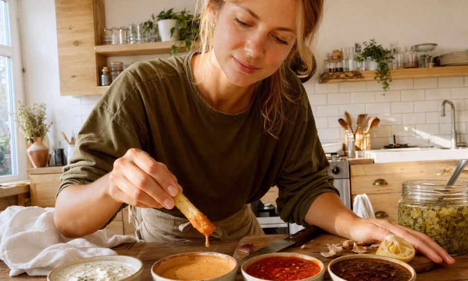Femme dégustant sauces maison dans cuisine lumineuse