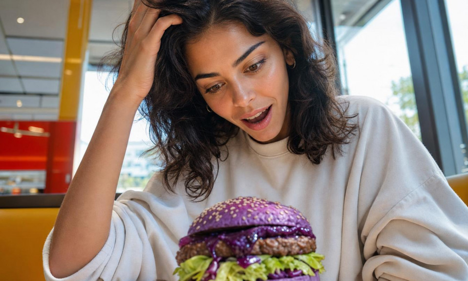 Femme émerveillée devant un burger violet original