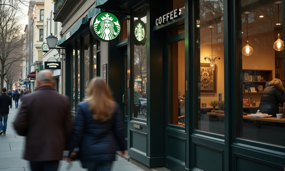Devanture Starbucks dans une rue animée