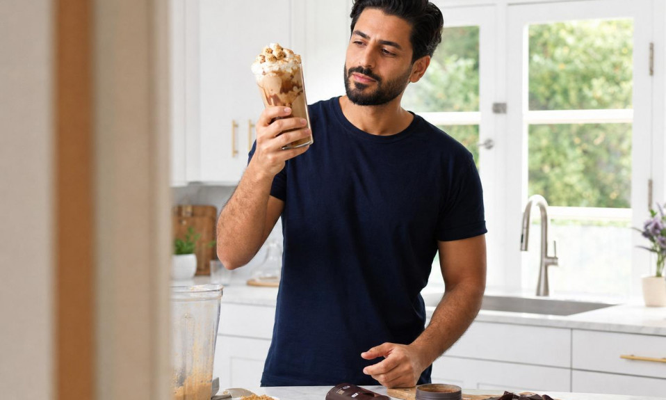 Homme préparant milkshake chocolat dans cuisine moderne