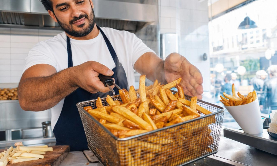 Cuisinier sortant des frites dorées de la friteuse