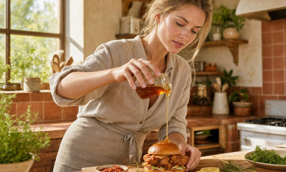 Femme versant du miel sur burger croustillant