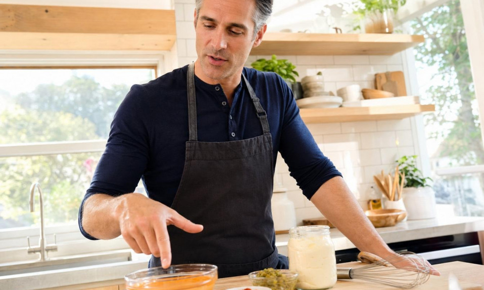Homme en tablier préparant une sauce maison