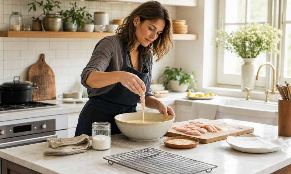 Femme panant des morceaux de poulet en cuisine
