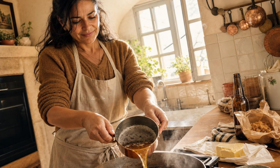 Femme versant sauce dans poêle en cuisine