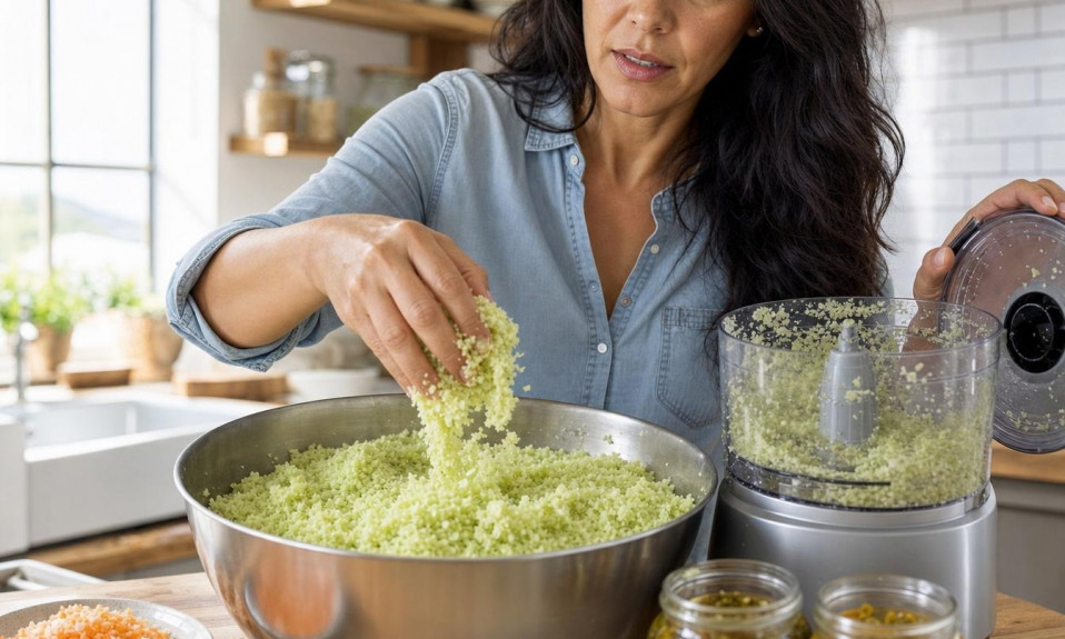 Femme préparant chou-fleur râpé en cuisine