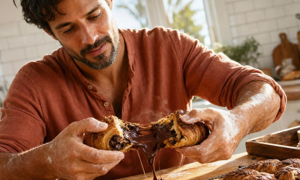 Homme ouvrant un croissant au chocolat fondant