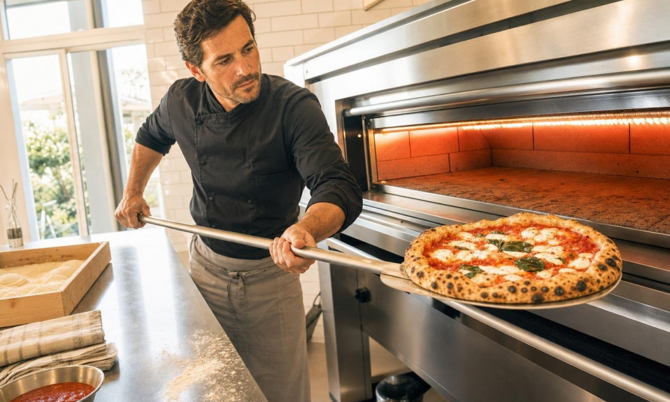 Chef sortant une pizza du four à bois