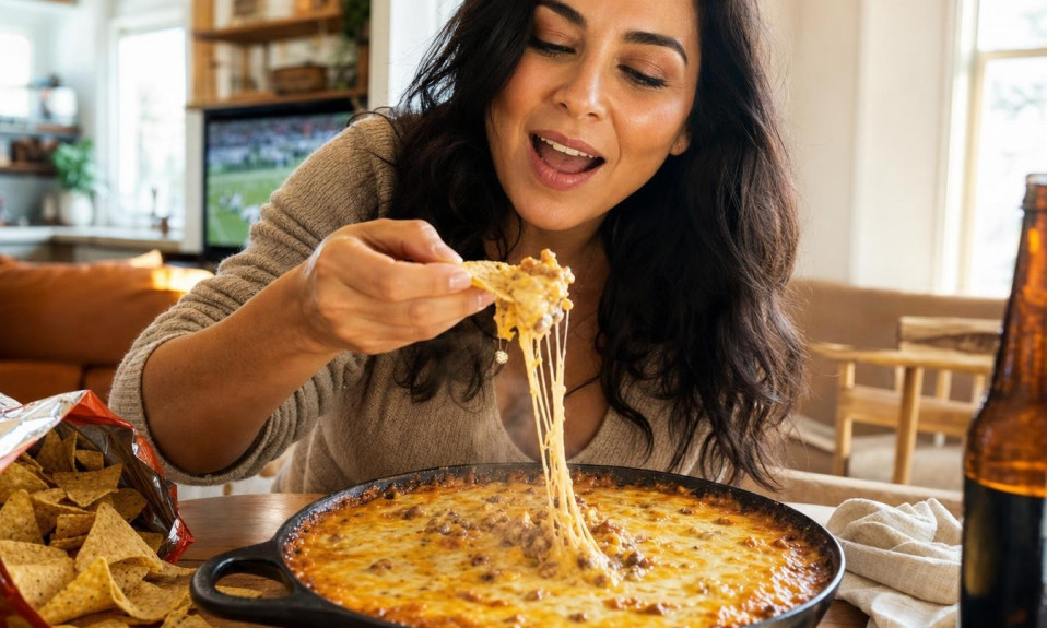 Femme dégustant un dip au fromage fondant