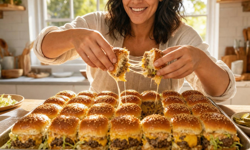 Femme séparant des mini burgers au fromage fondant