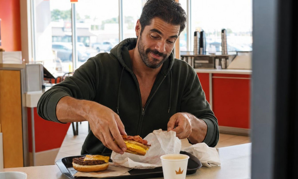 Client Burger King assemblant un breakfast burger avec steak, bacon et oeuf au comptoir