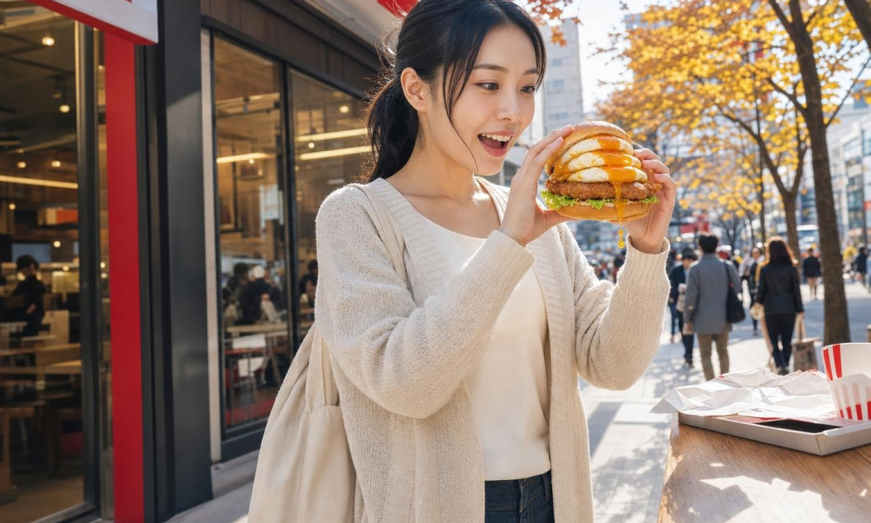 Femme mordant dans le Torori Triple Tsukimi Burger de KFC Japon, jaune d'œuf coulant en couches