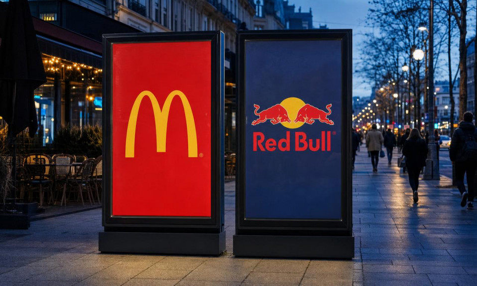 Deux panneaux publicitaires côte à côte affichant les logos McDonald's et Red Bull sur un trottoir parisien à la tombée de la nuit