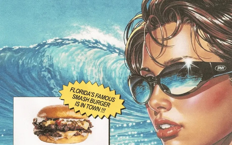 Affiche Paris Miami avec femme, vague et smash burger