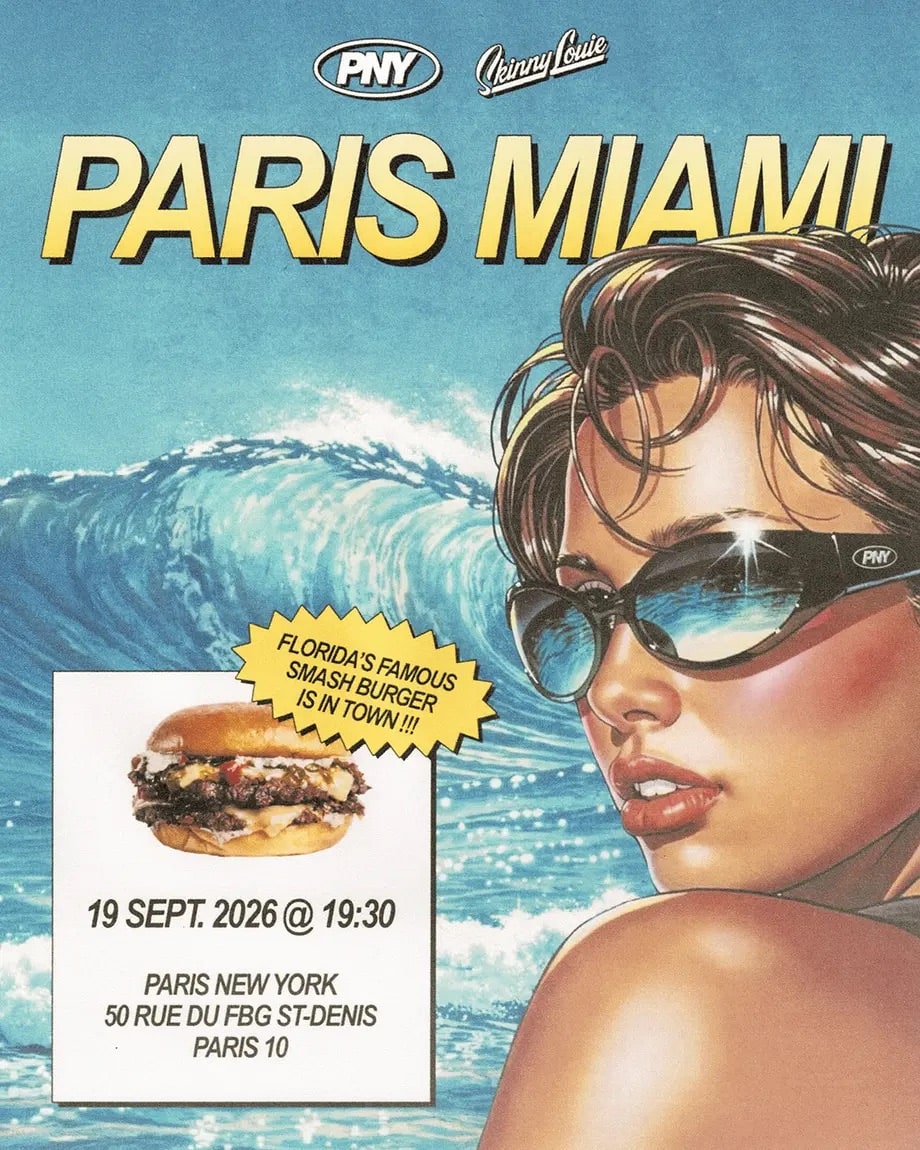 Affiche Paris Miami avec femme, vague et smash burger
