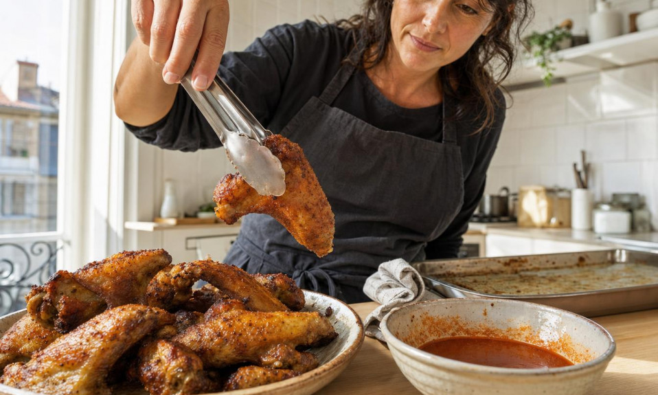 Ailes de poulet dorées levées à la pince près d’un bol de sauce piquante