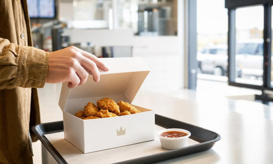 Client ouvre une boîte de nuggets avec sauce