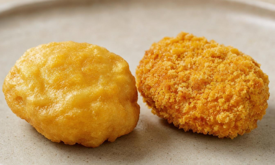 Deux bouchées de poulet panées sur une assiette