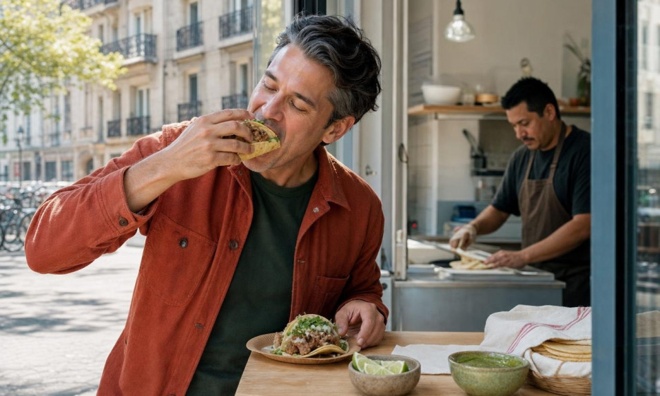 Homme dégustant un taco à la fenêtre d’une taqueria