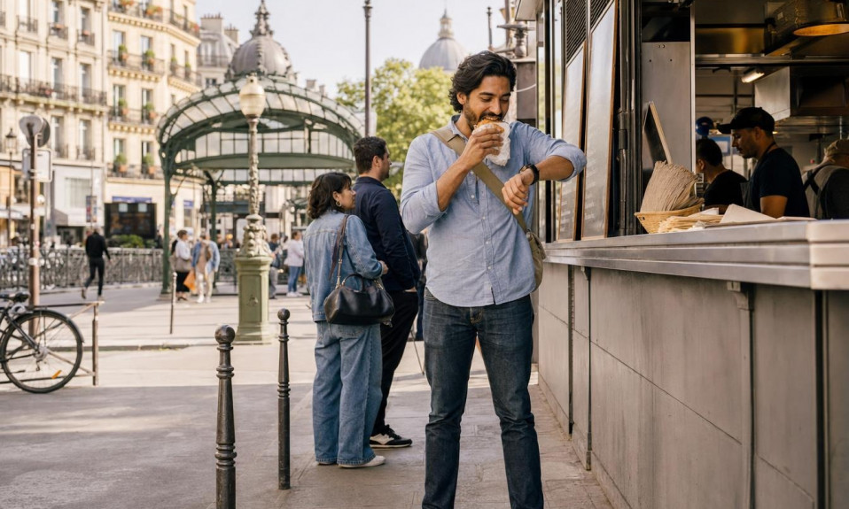 Homme mangeant un sandwich devant un métro parisien