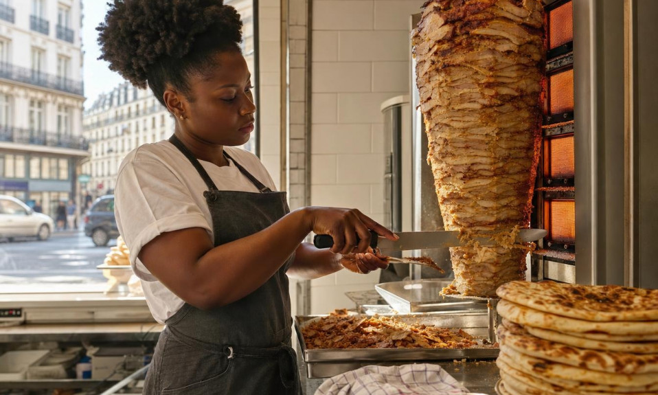 Cuisinière découpant du kebab sur une rôtissoire verticale