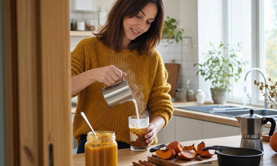 Femme préparant un latte au potiron dans sa cuisine